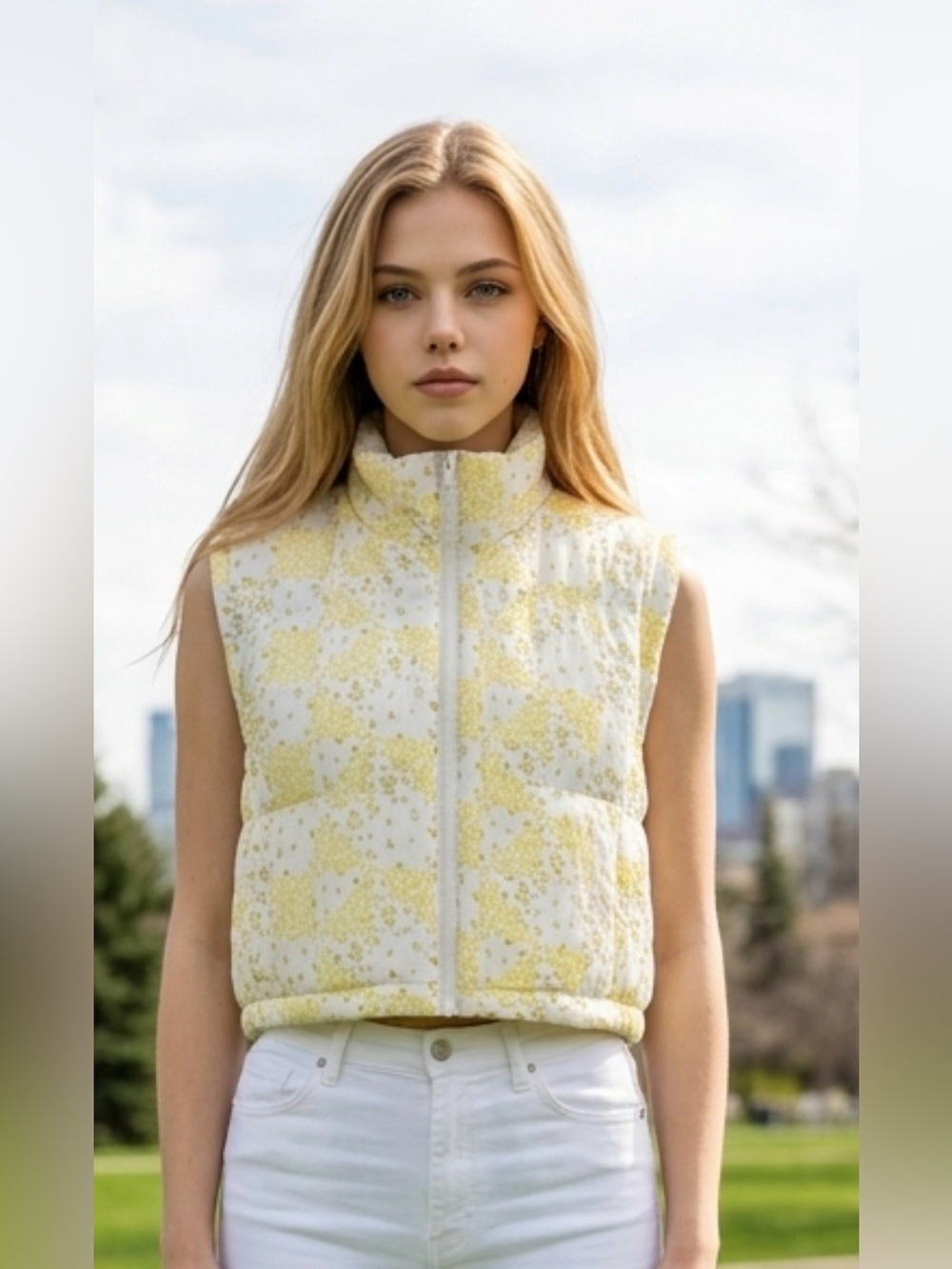 Thread & Supply White and Yellow Floral Puffer Vest